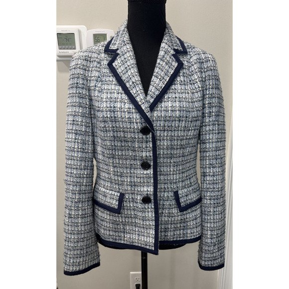 Talbots Women's Navy Blue Tweed Blazer Academia Preppy Plaid Pockets Women's 8 - Picture 1 of 8